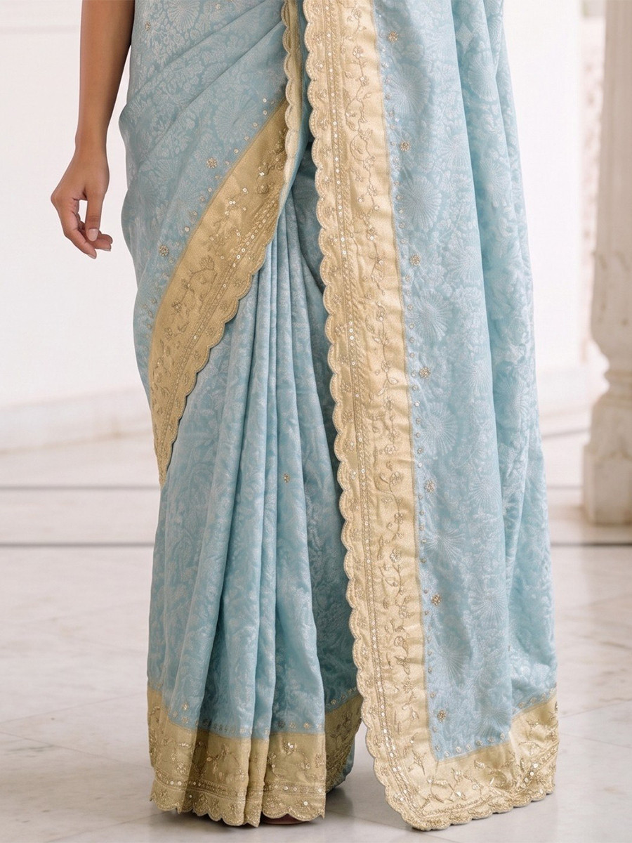 Light Blue Pure Kanjivarm Silk Embroidery Wedding Reception Party Festival Casual Heavy Border Sarees