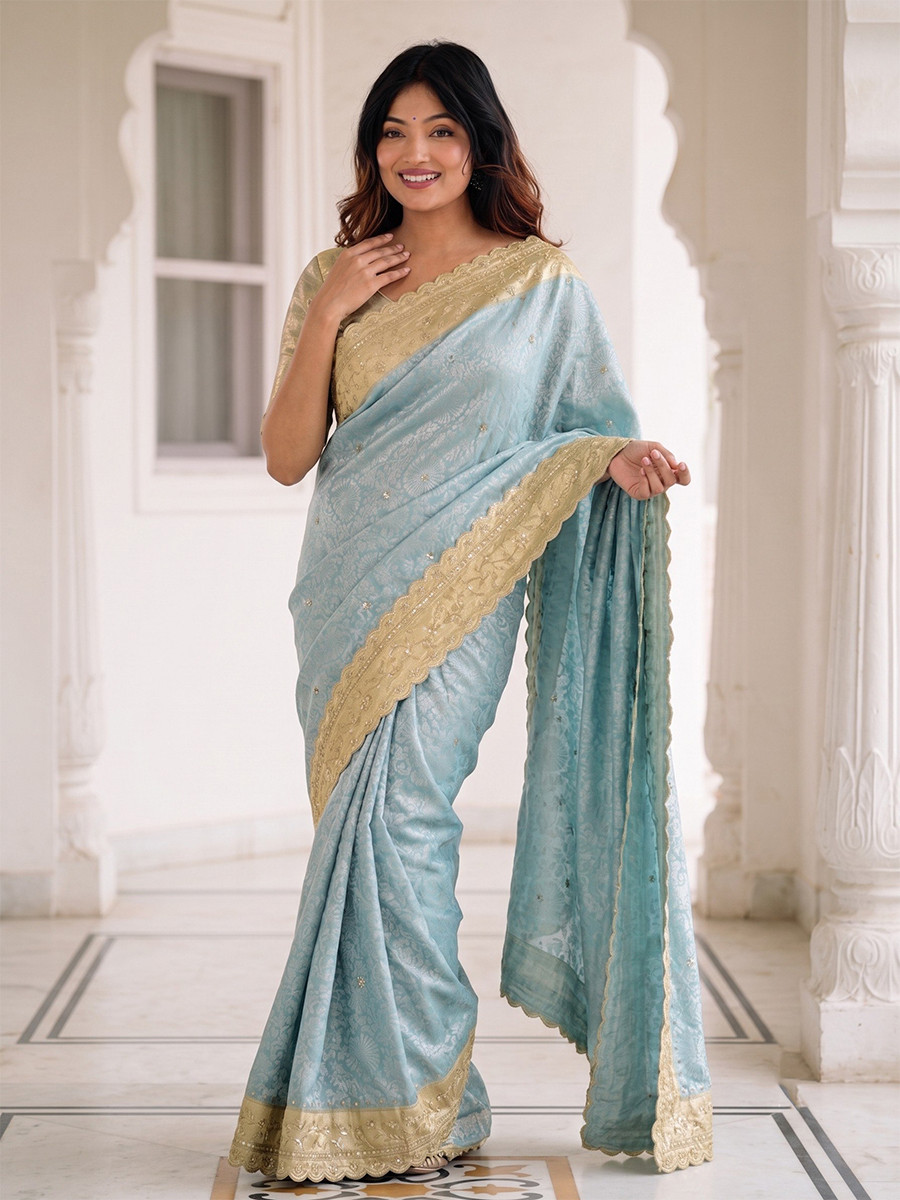 Light Blue Pure Kanjivarm Silk Embroidery Wedding Reception Party Festival Casual Heavy Border Sarees