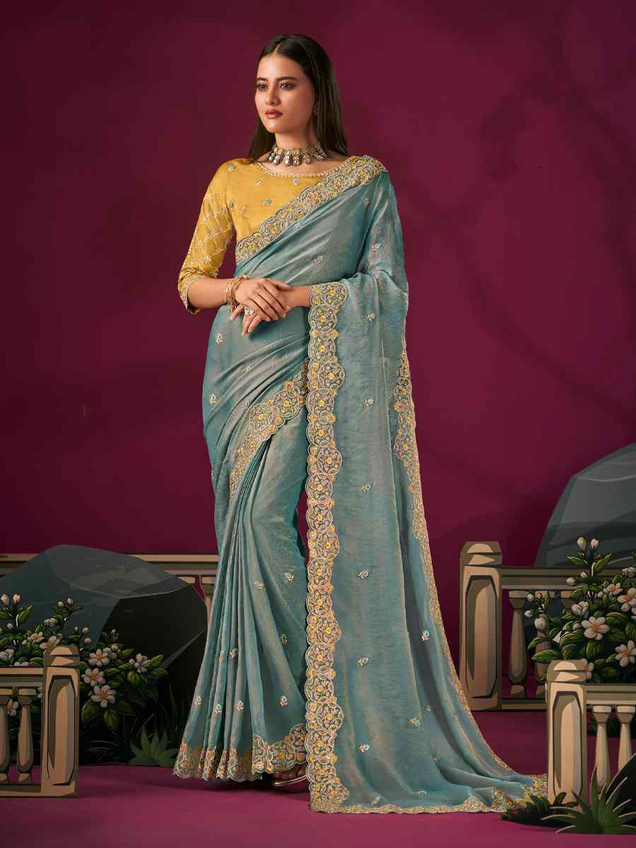 Light Blue Silk Embroidery Traditional Bridal Reception Festival Wedding Fancy Heavy Border Saree