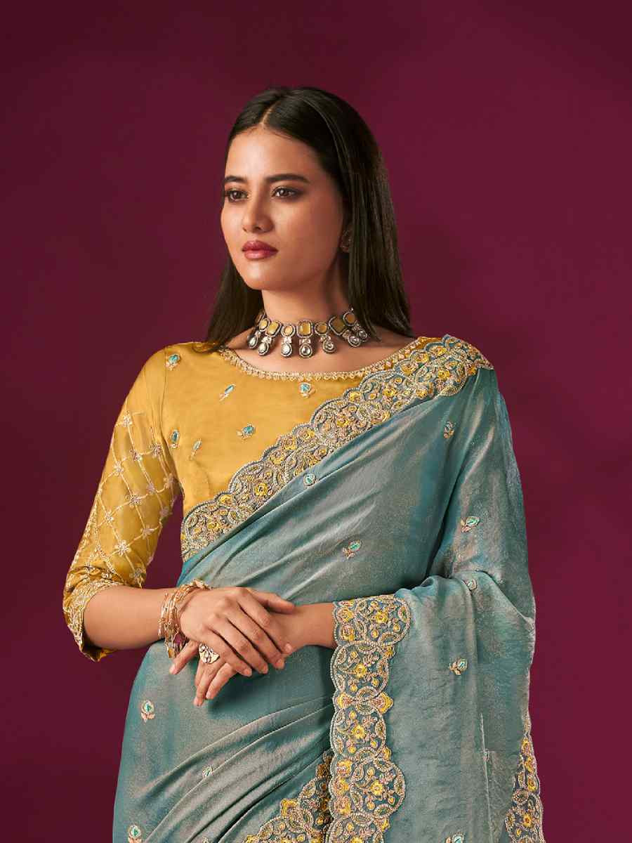 Light Blue Silk Embroidery Traditional Bridal Reception Festival Wedding Fancy Heavy Border Saree