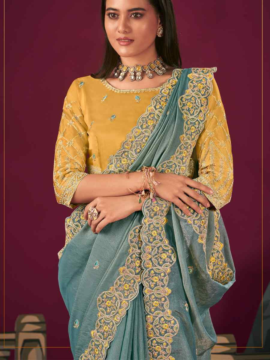 Light Blue Silk Embroidery Traditional Bridal Reception Festival Wedding Fancy Heavy Border Saree