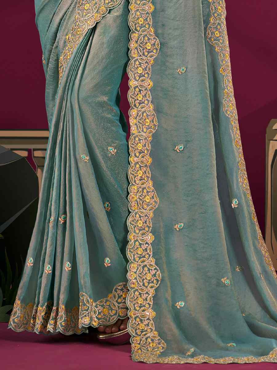 Light Blue Silk Embroidery Traditional Bridal Reception Festival Wedding Fancy Heavy Border Saree