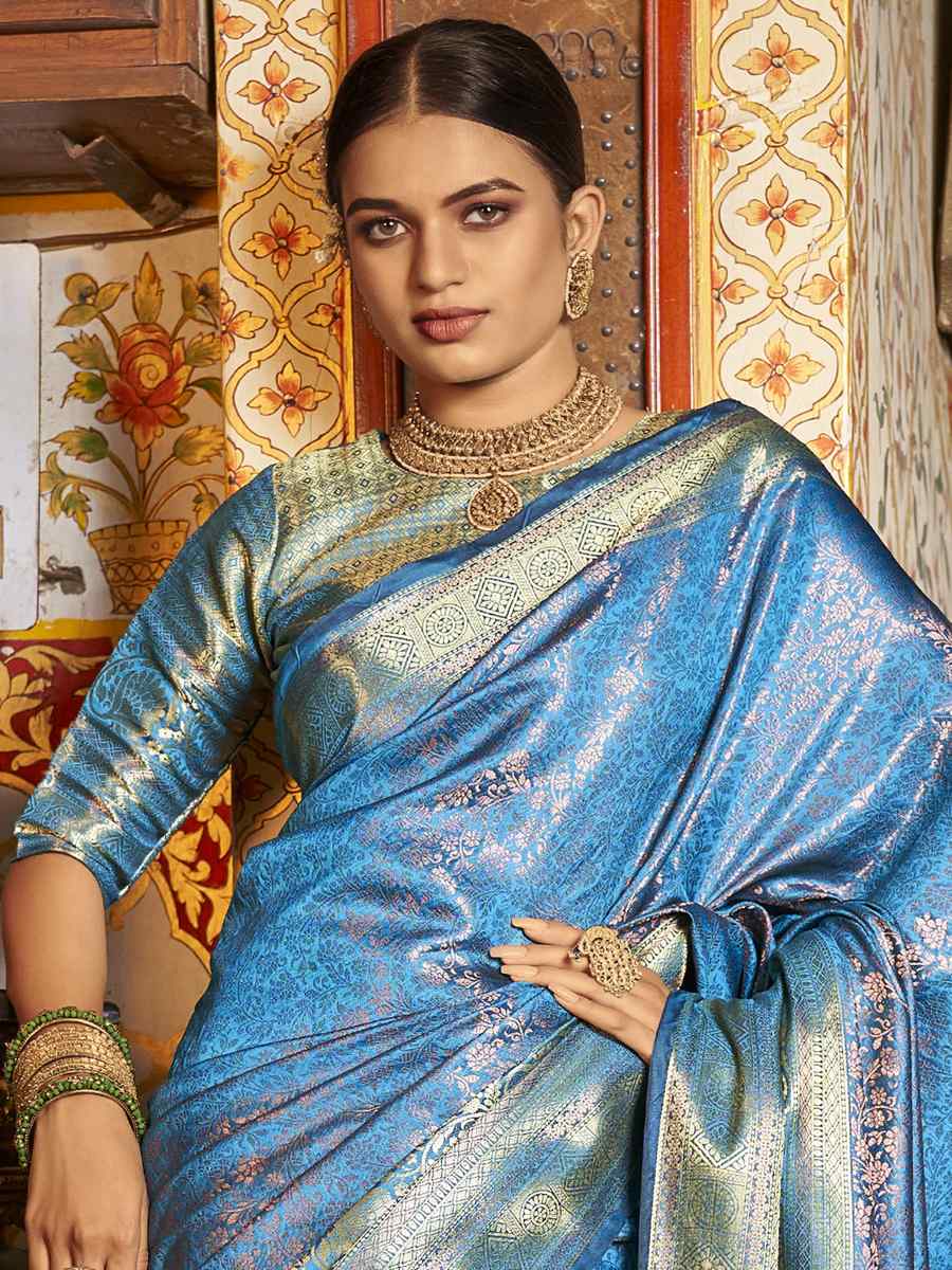 Light Blue Soft Kanjeevaram Handwoven Wedding Festival Heavy Border Saree