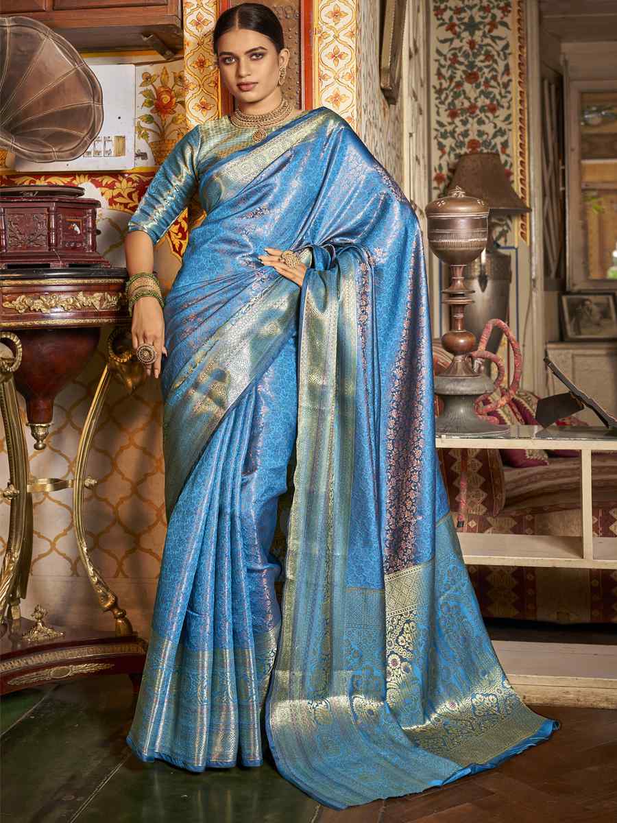Light Blue Soft Kanjeevaram Handwoven Wedding Festival Heavy Border Saree