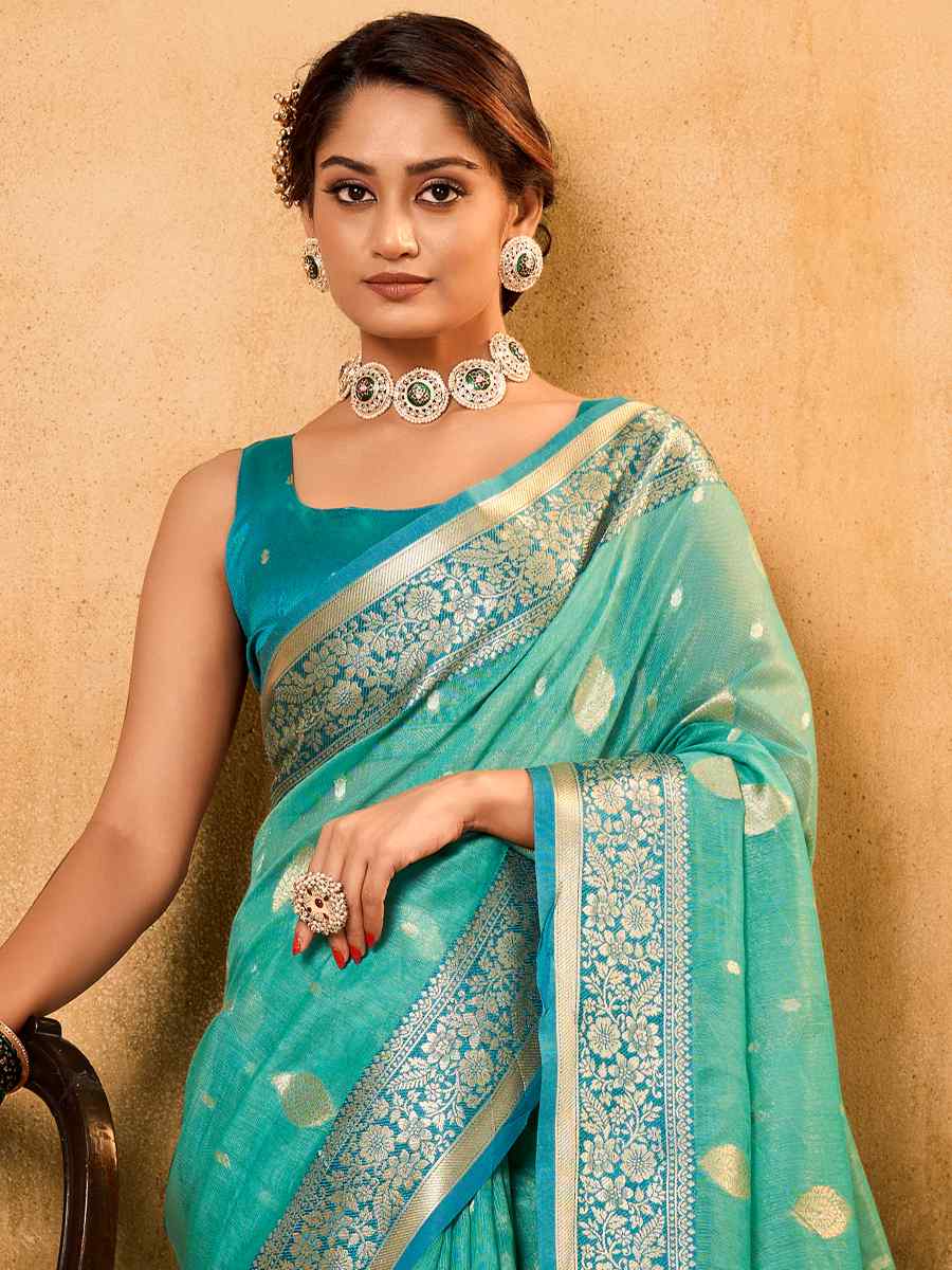 Light Blue Tissue Handwoven Wedding Festival Heavy Border Saree