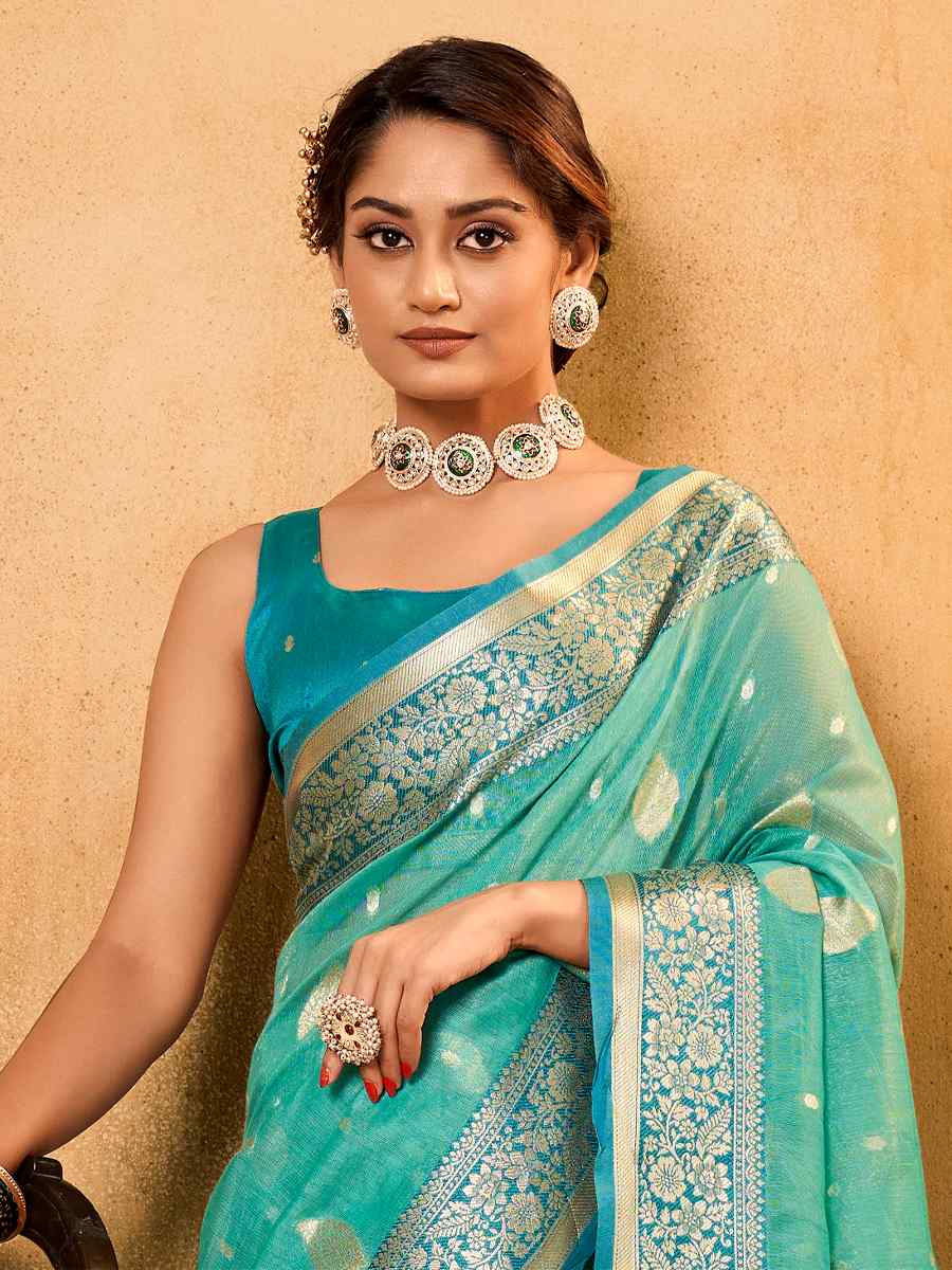 Light Blue Tissue Handwoven Wedding Festival Heavy Border Saree