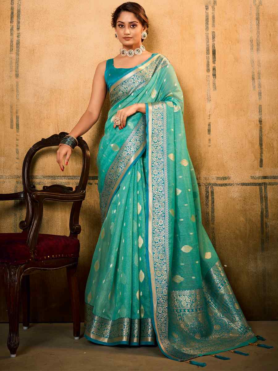Light Blue Tissue Handwoven Wedding Festival Heavy Border Saree