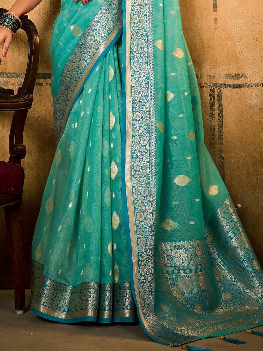 Light Blue Tissue Handwoven Wedding Festival Heavy Border Saree