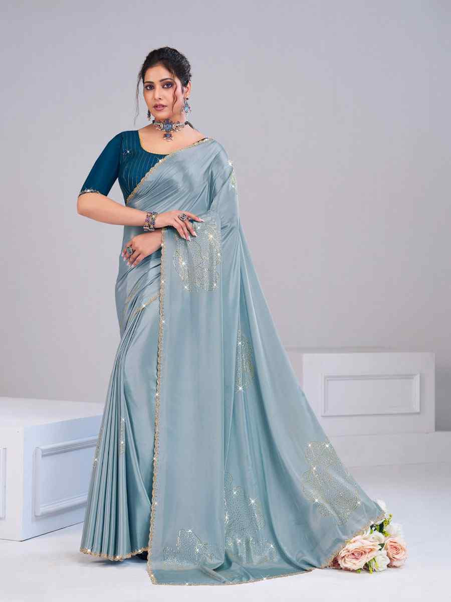 Light Blue Tissue Silk Embroidery Traditional Bridal Reception Festival Wedding Fancy Heavy Border Saree