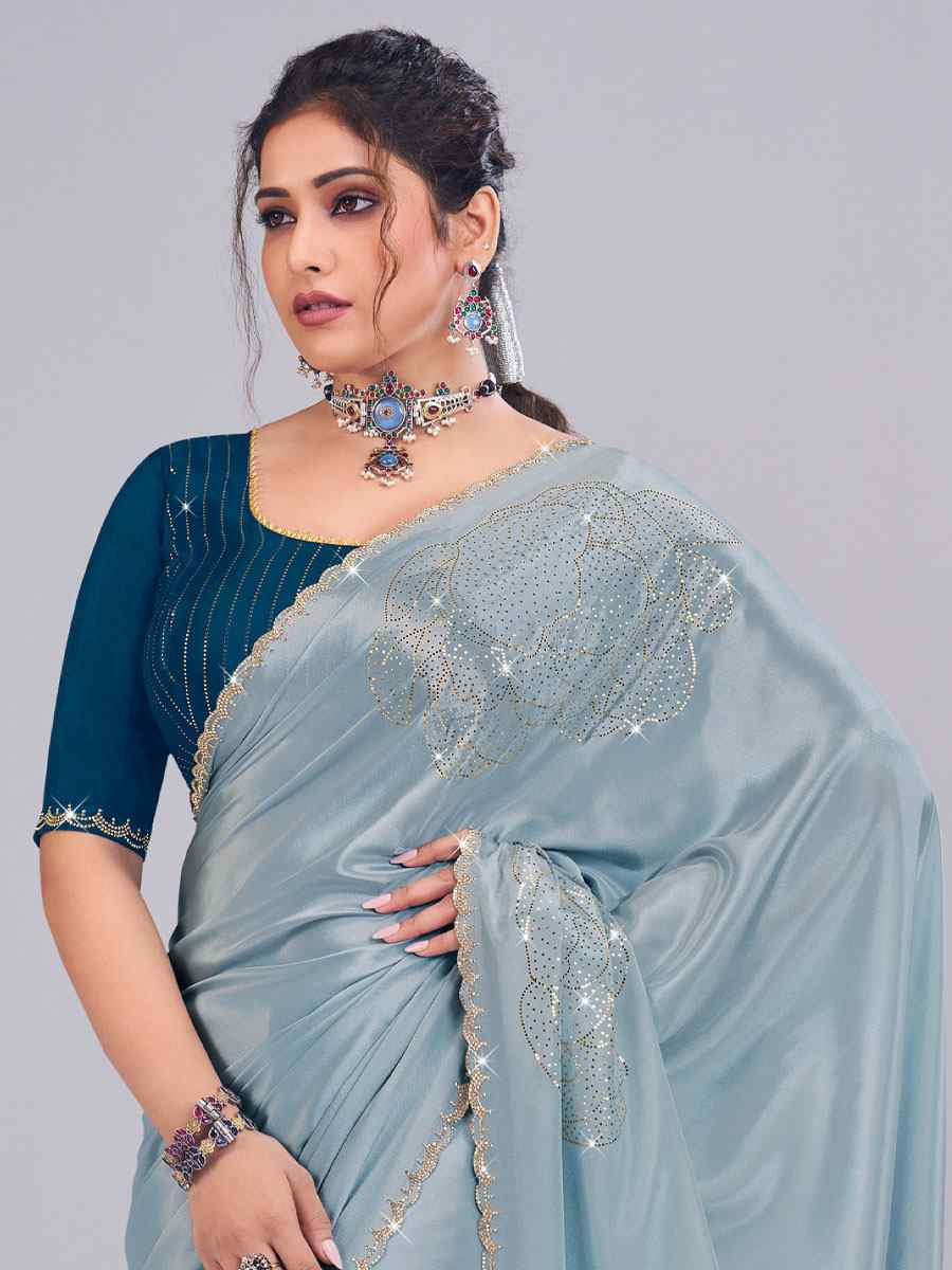 Light Blue Tissue Silk Embroidery Traditional Bridal Reception Festival Wedding Fancy Heavy Border Saree