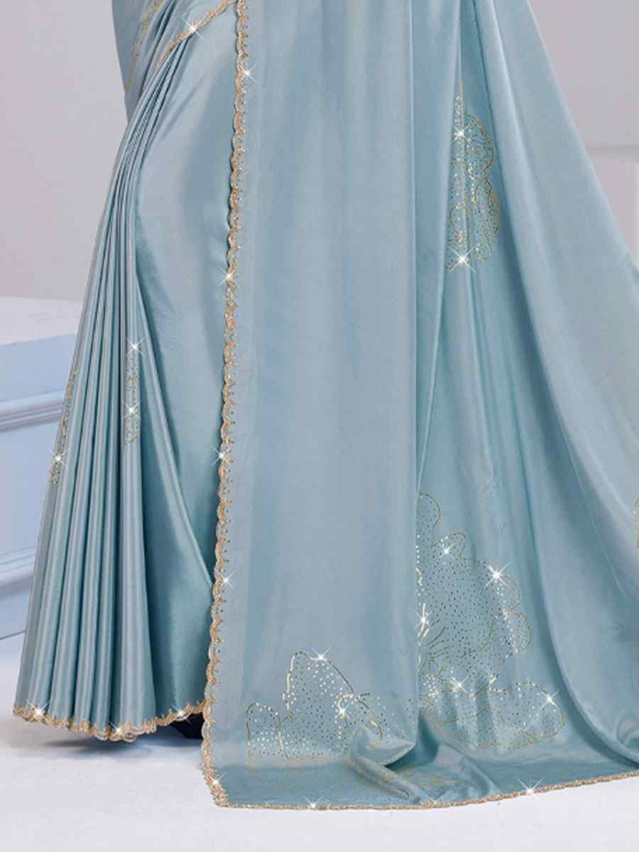 Light Blue Tissue Silk Embroidery Traditional Bridal Reception Festival Wedding Fancy Heavy Border Saree