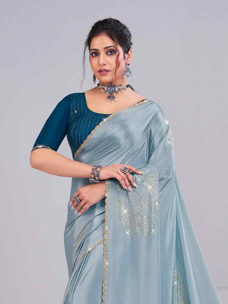 Light Blue Tissue Silk Embroidery Traditional Bridal Reception Festival Wedding Fancy Heavy Border Saree