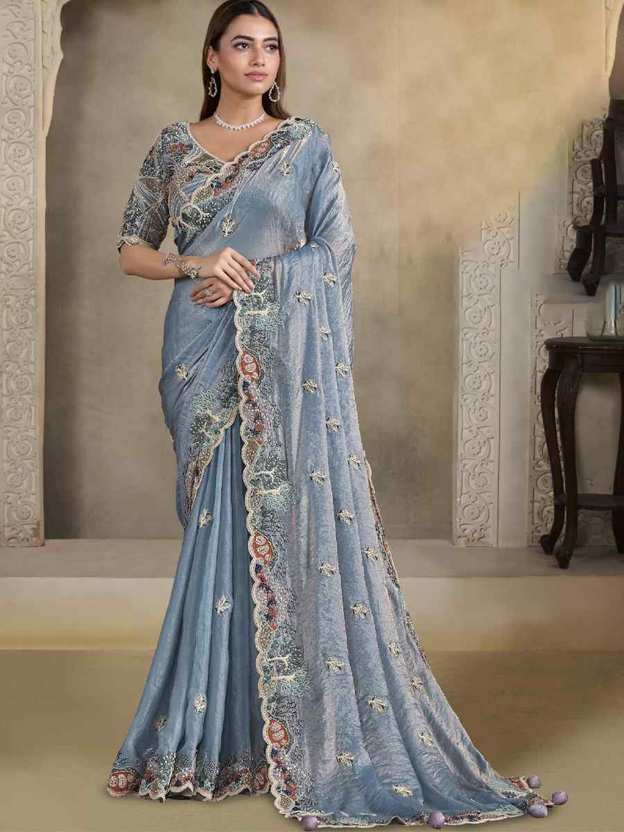 Light Blue Two Tone Satin Silk Embroidery Traditional Bridal Reception Festival Wedding Fancy Heavy Border Saree