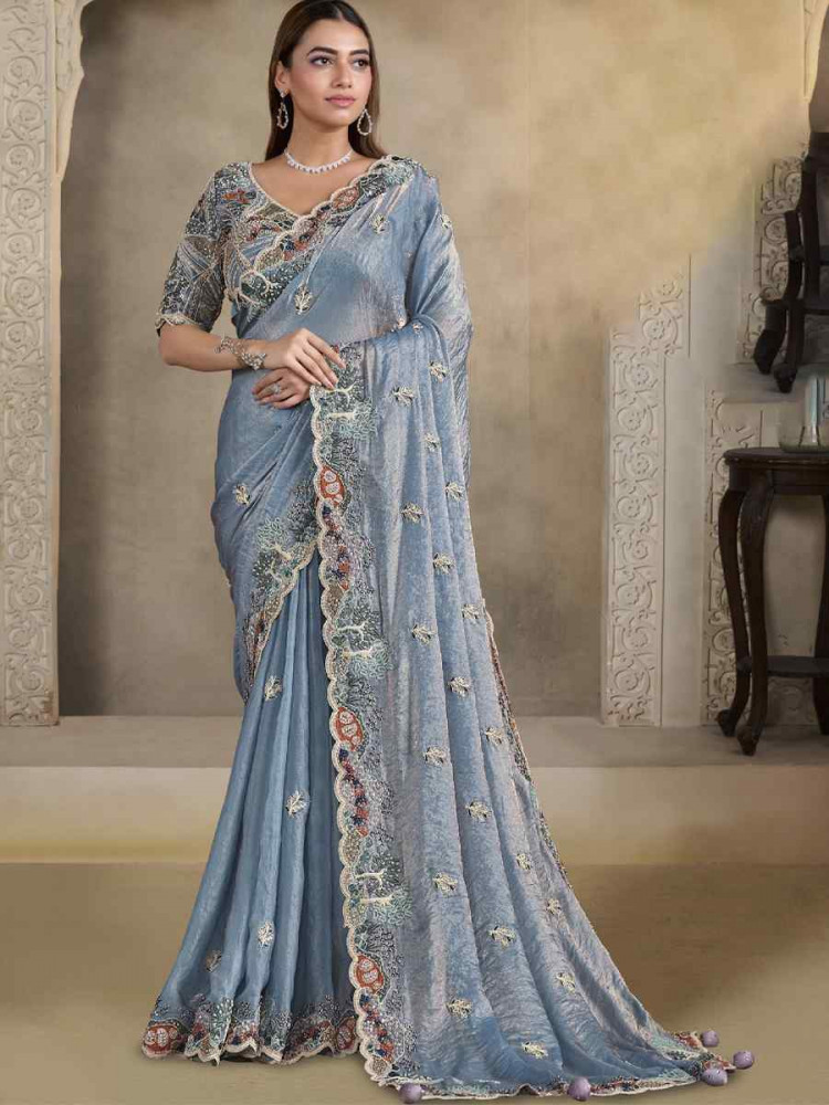 Image of Light Blue Two Tone Satin Silk Embroidery Traditional Bridal Reception Festival Wedding Fancy Heavy Border Saree