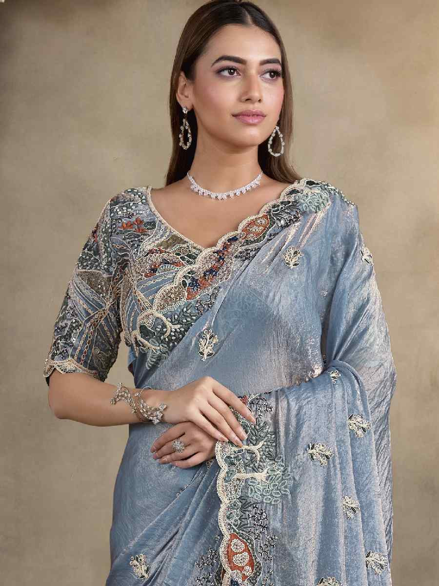 Light Blue Two Tone Satin Silk Embroidery Traditional Bridal Reception Festival Wedding Fancy Heavy Border Saree