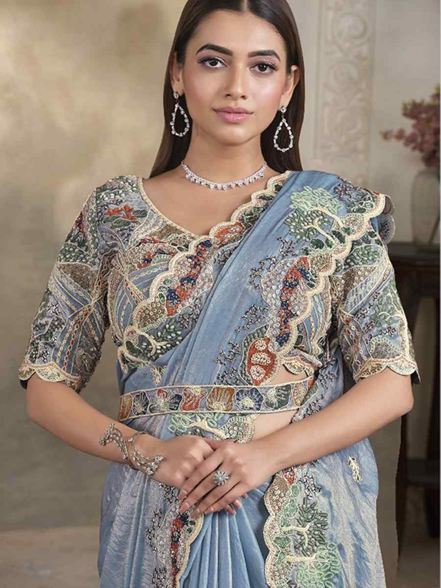 Light Blue Two Tone Satin Silk Embroidery Traditional Bridal Reception Festival Wedding Fancy Heavy Border Saree