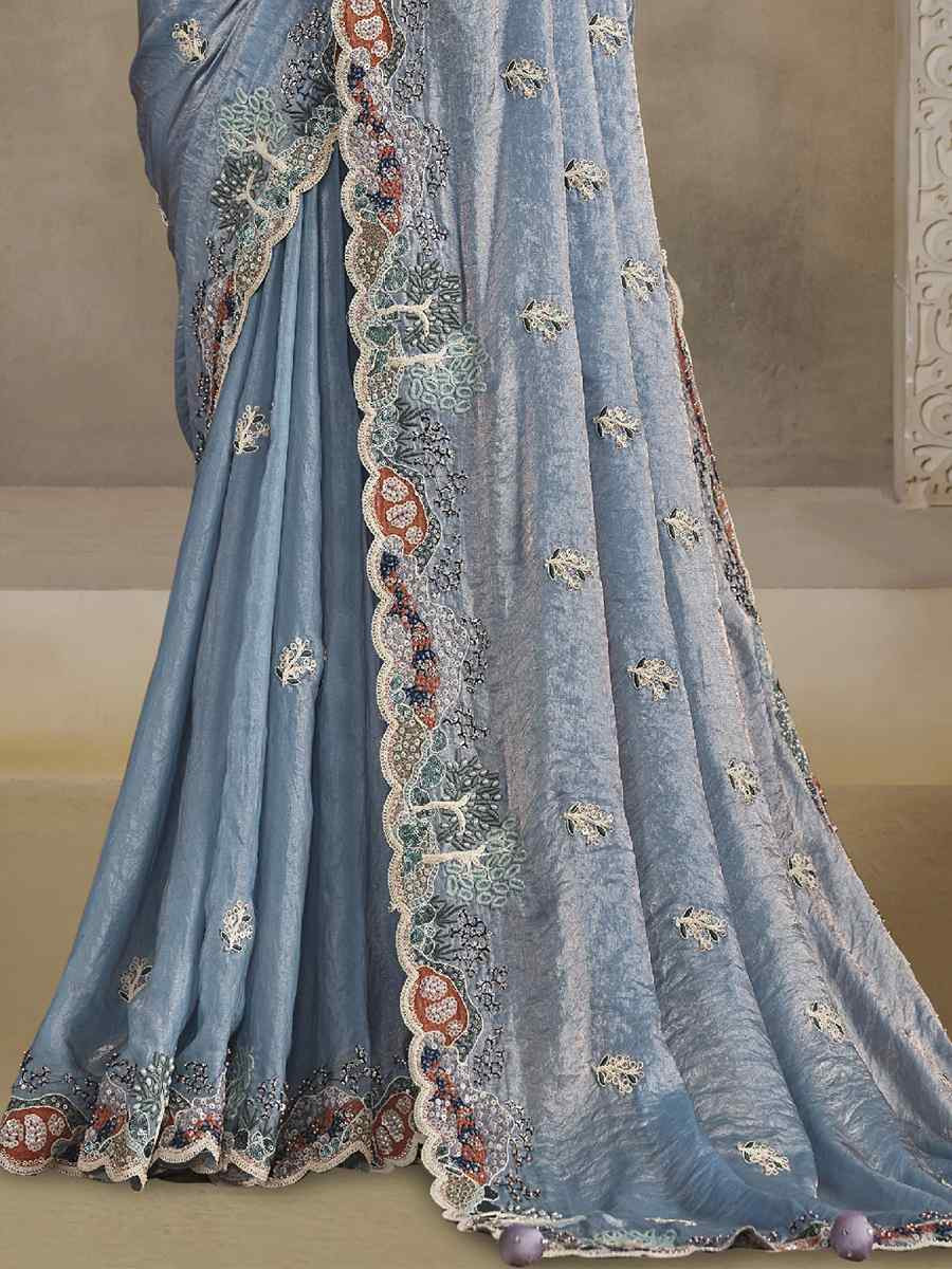 Light Blue Two Tone Satin Silk Embroidery Traditional Bridal Reception Festival Wedding Fancy Heavy Border Saree