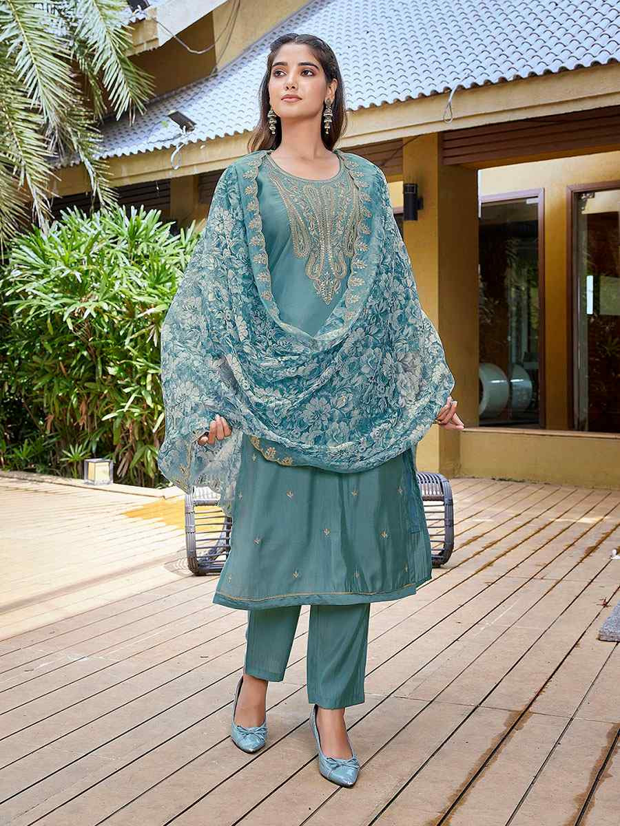 Light Blue Viscose Chanderi Embroidery Party Wedding Festival Casual Ready Pant Salwar Kameez