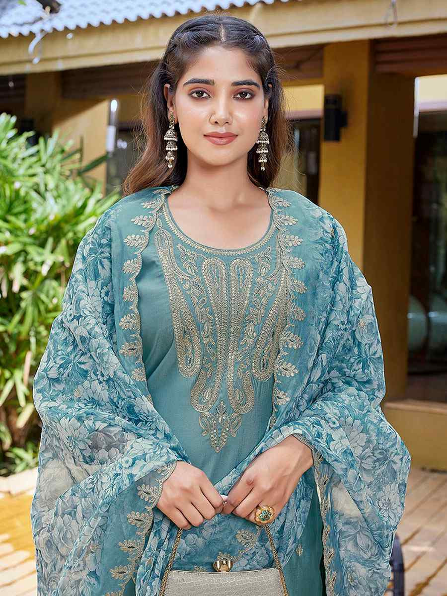 Light Blue Viscose Chanderi Embroidery Party Wedding Festival Casual Ready Pant Salwar Kameez