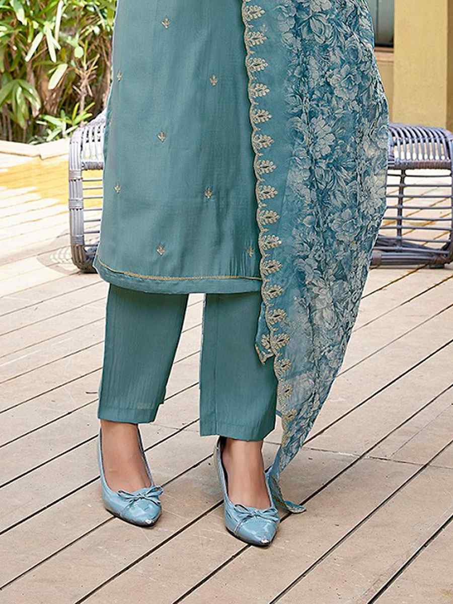 Light Blue Viscose Chanderi Embroidery Party Wedding Festival Casual Ready Pant Salwar Kameez