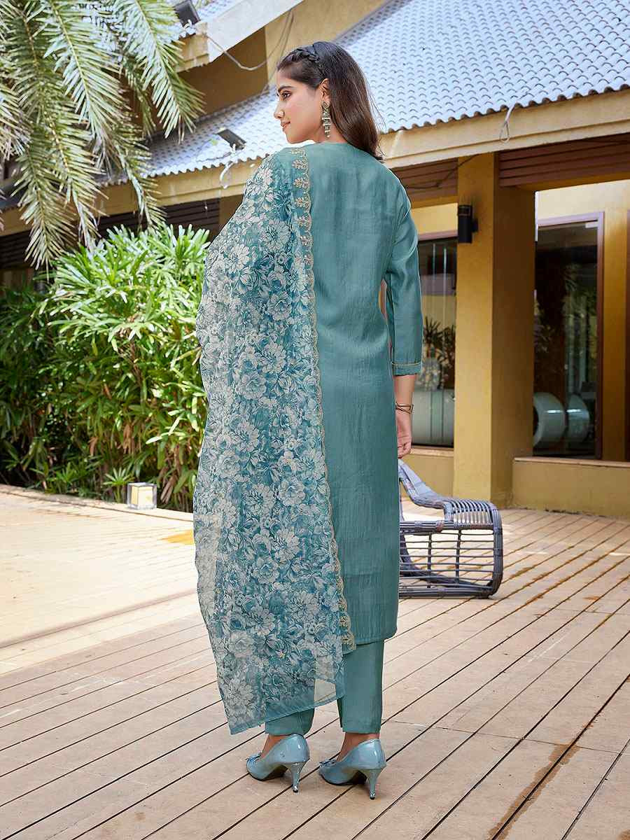 Light Blue Viscose Chanderi Embroidery Party Wedding Festival Casual Ready Pant Salwar Kameez