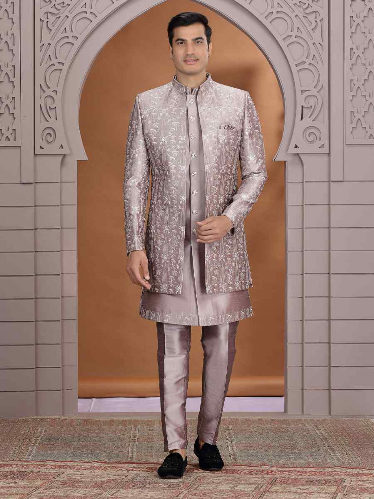 Image of Light Brown Art Silk Embroidered Festival Wedding Mens 3 PCS Indo Western Set