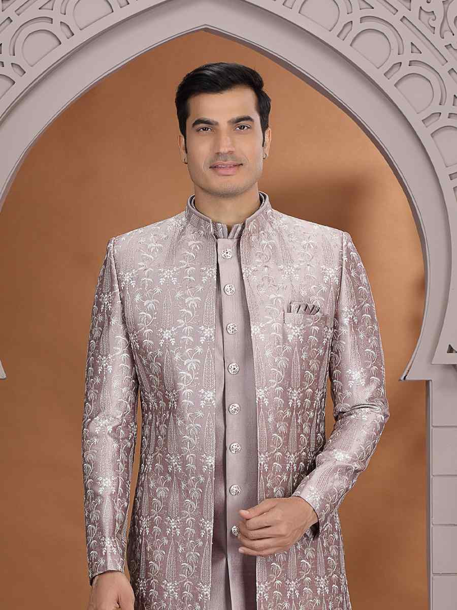 Light Brown Art Silk Embroidered Festival Wedding Mens 3 PCS Indo Western Set