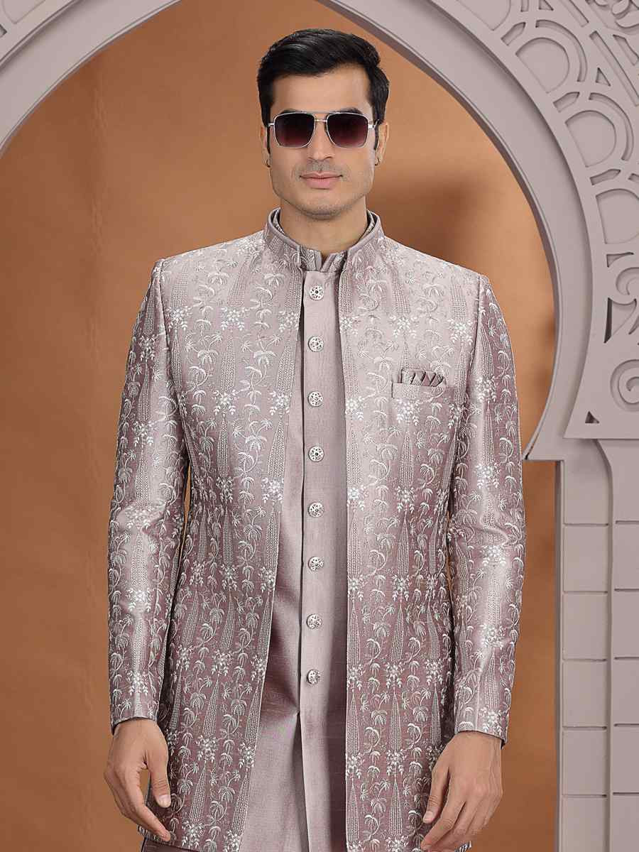 Light Brown Art Silk Embroidered Festival Wedding Mens 3 PCS Indo Western Set