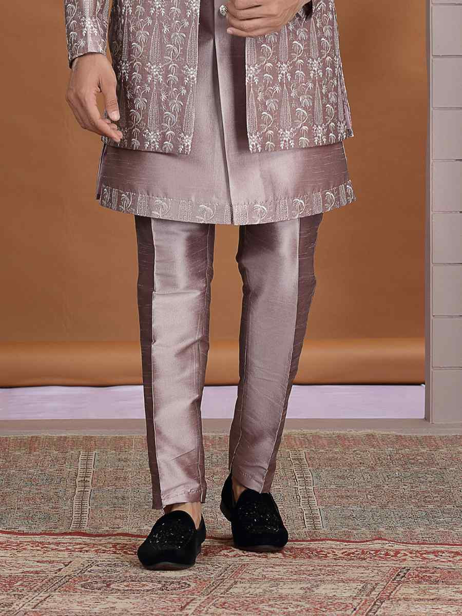 Light Brown Art Silk Embroidered Festival Wedding Mens 3 PCS Indo Western Set