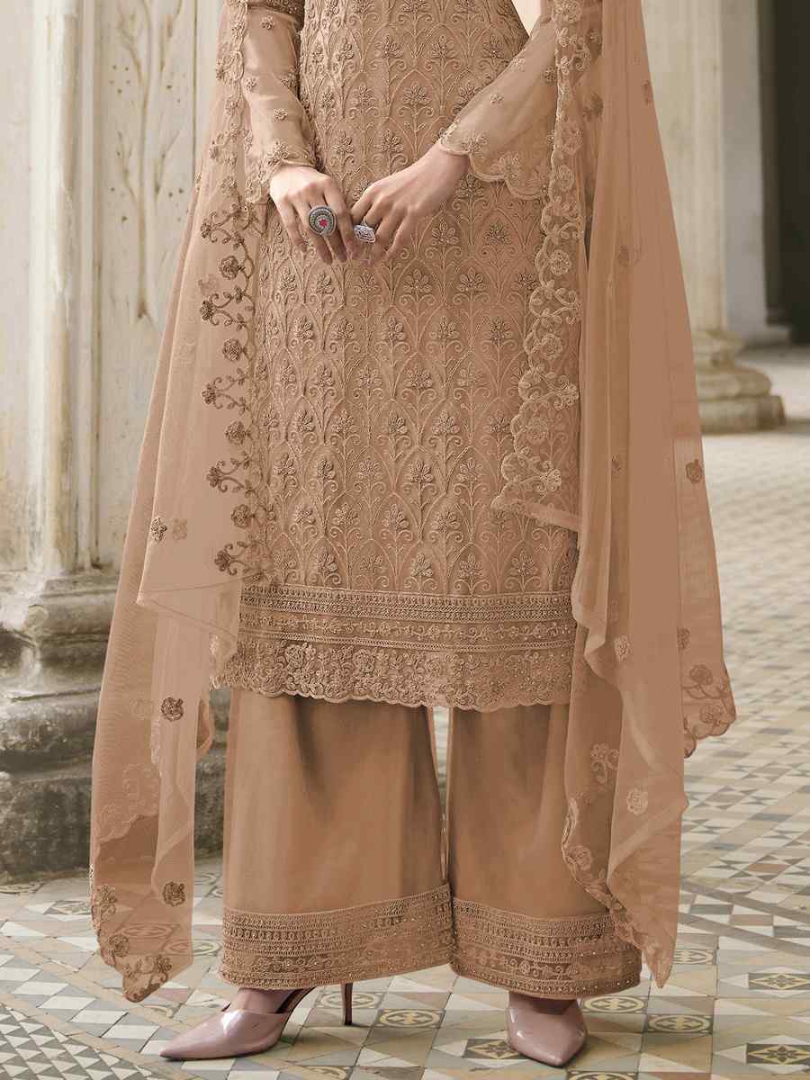 Light Brown Butterfly Net Embroidered Wedding Party Palazzo Pant Salwar Kameez
