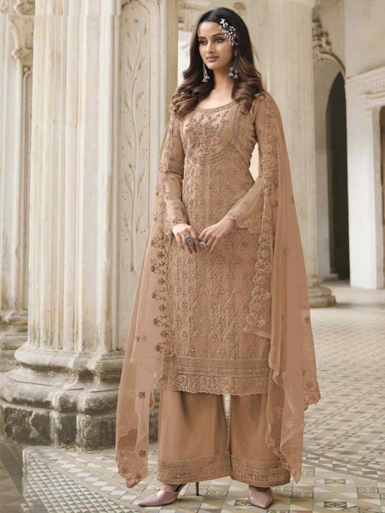 Light Brown Butterfly Net Embroidered Wedding Party Palazzo Pant Salwar Kameez