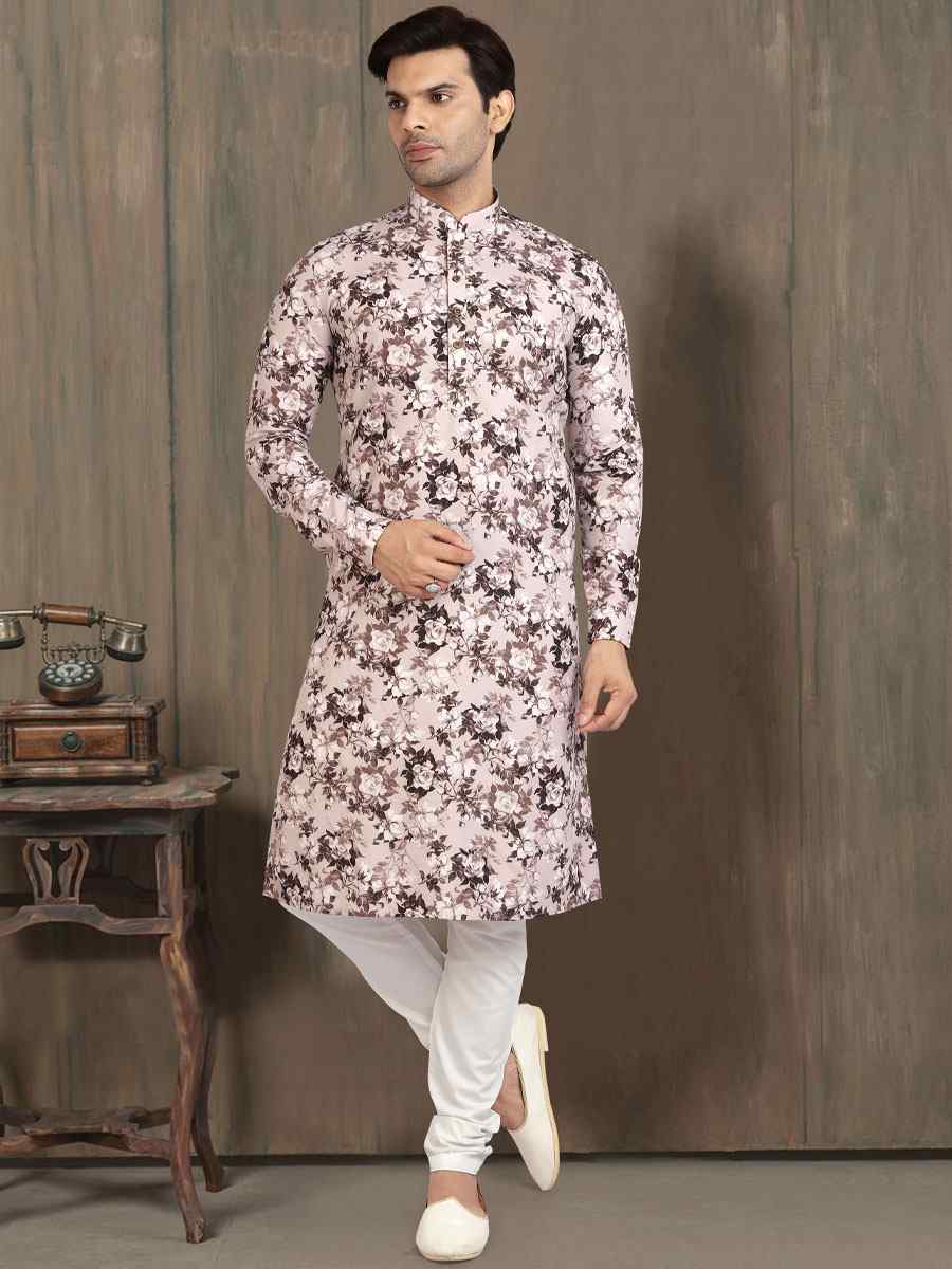 Light Brown Cotton Printed Festival Wedding Kurta