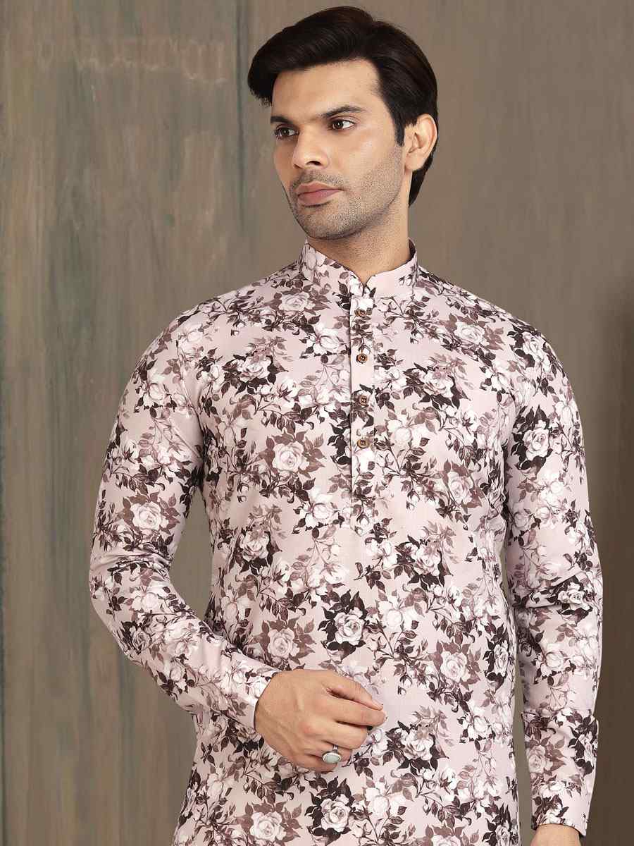 Light Brown Cotton Printed Festival Wedding Kurta