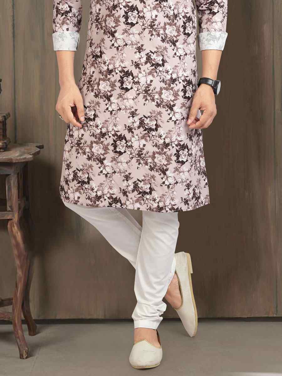 Light Brown Cotton Printed Festival Wedding Kurta