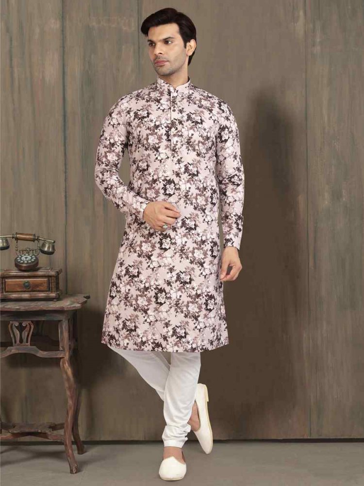 Light Brown Cotton Printed Plain Festival Party Kurta