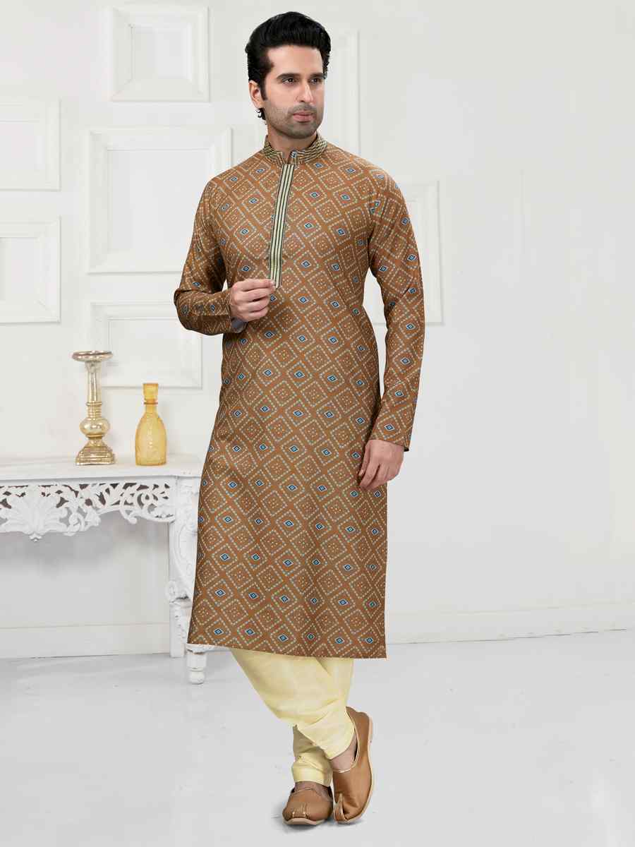 Light Brown Cotton Woven Festival Wedding Kurta