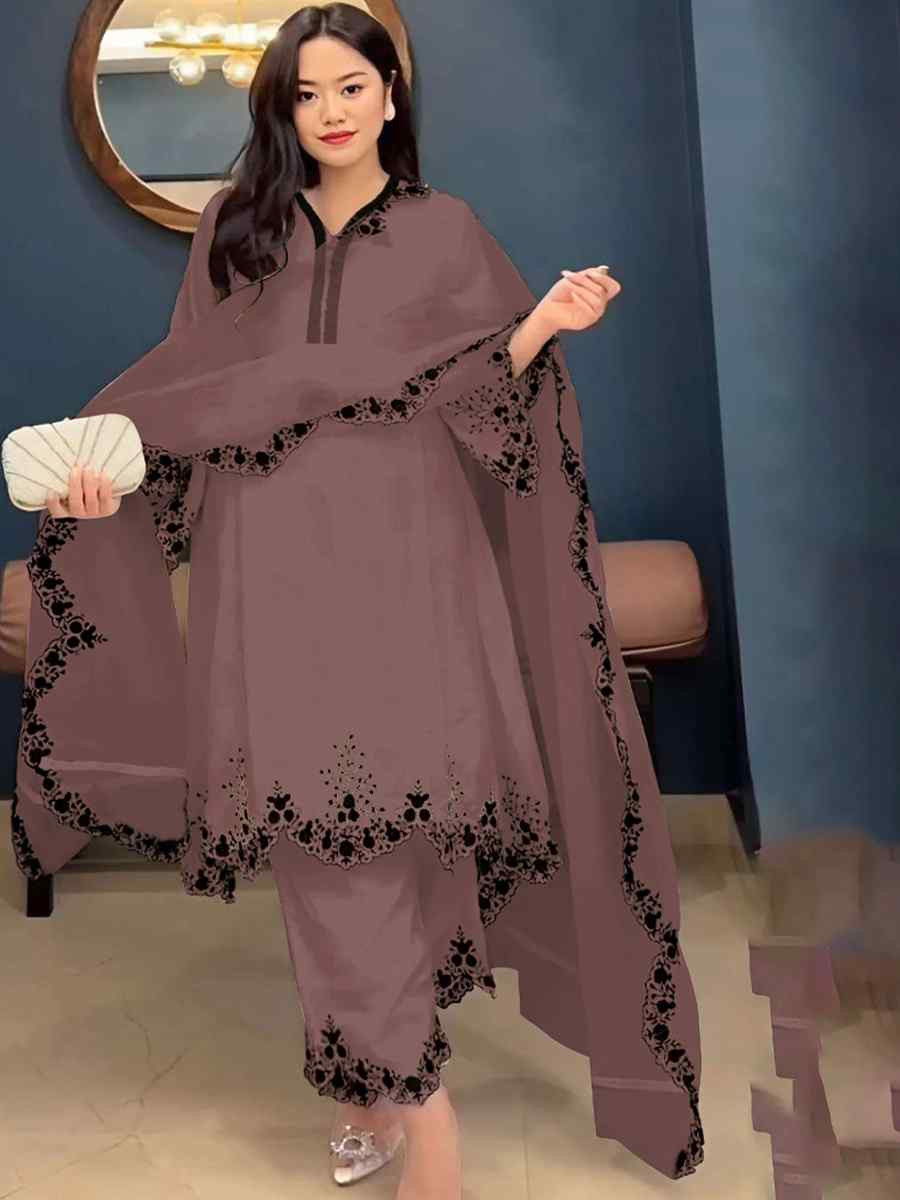 Light Brown Faux Georgette Embroidered Party Casual Ready Palazzo Pant Salwar Kameez