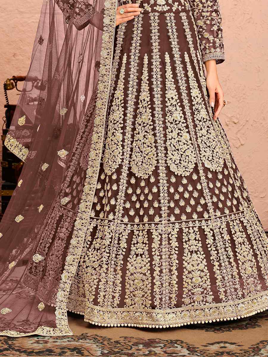Light Brown Heavy Butterfly Net Embroidered Wedding Anarkali Salwar Kameez