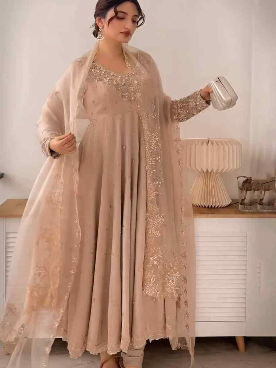 Light Brown Heavy Faux Georgette Embroidered Festival Casual Ready Palazzo Pant Salwar Kameez
