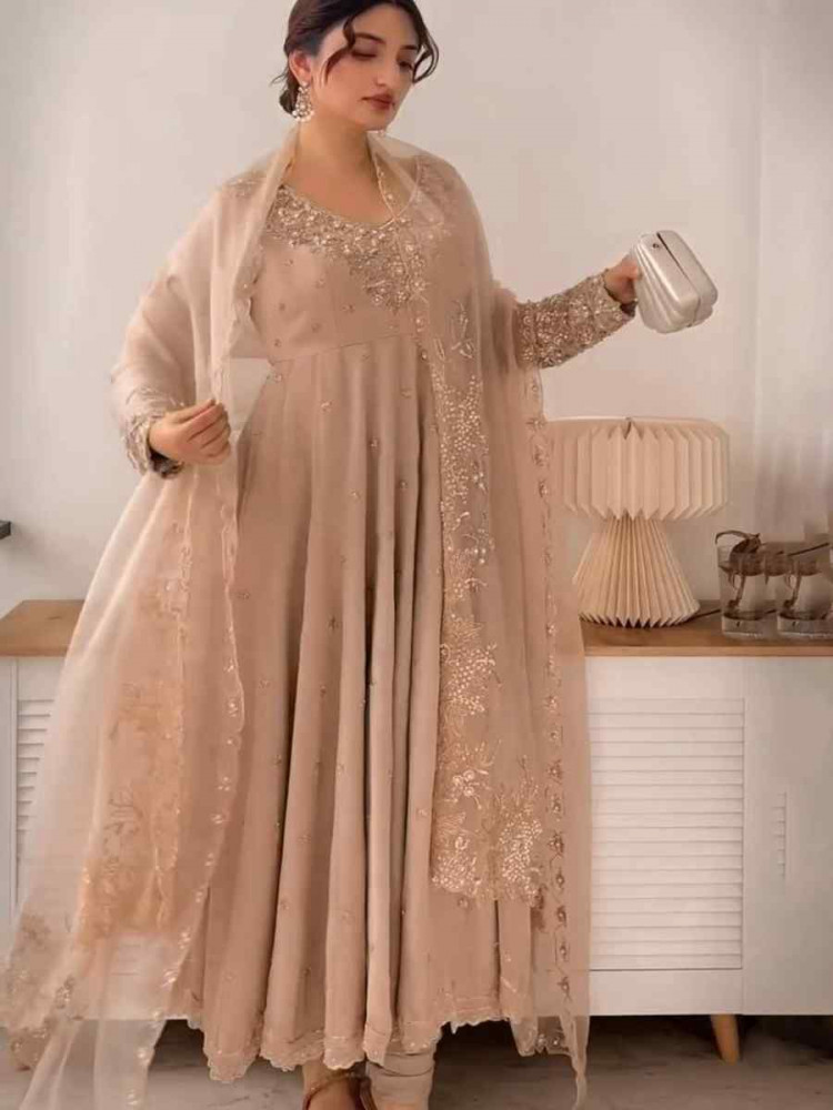 Light Brown Heavy Faux Georgette Embroidered Festival Casual Ready Palazzo Pant Salwar Kameez