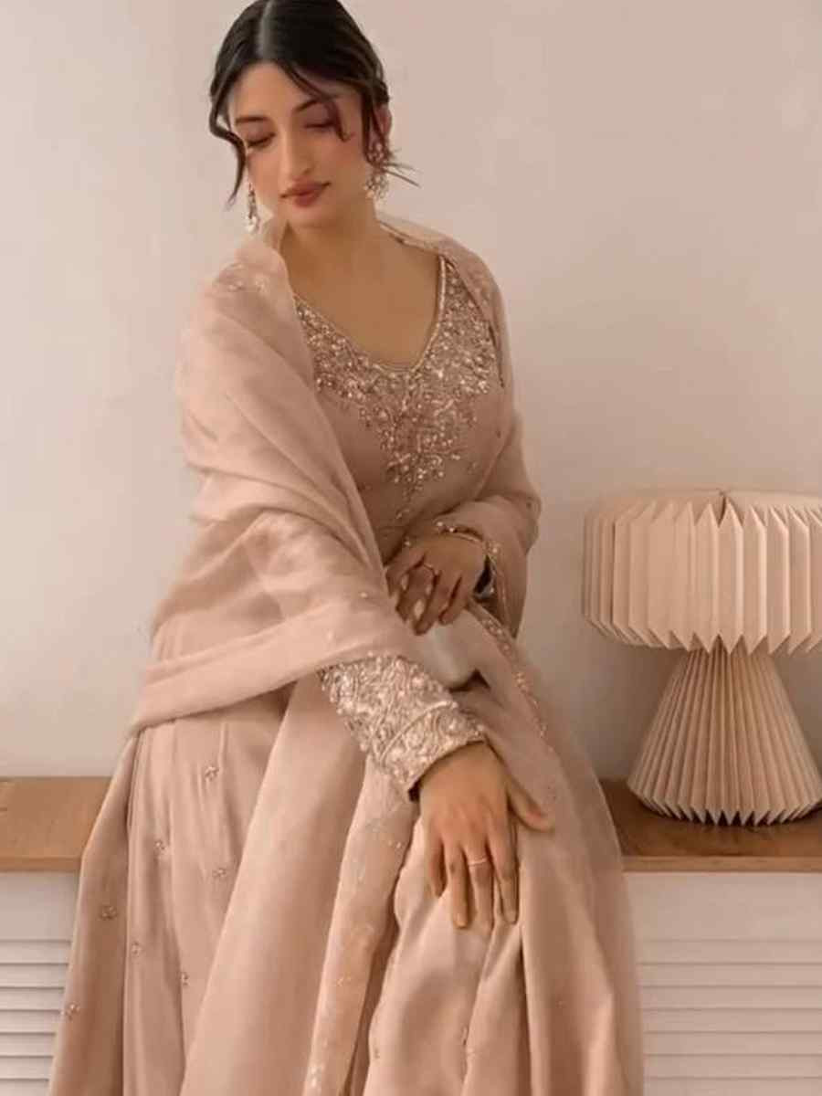 Light Brown Heavy Faux Georgette Embroidered Festival Casual Ready Palazzo Pant Salwar Kameez