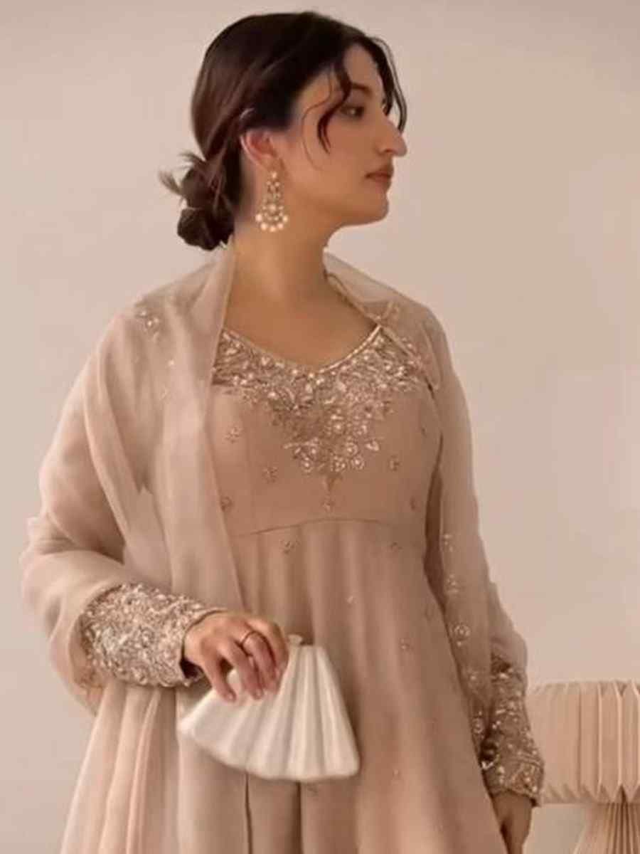 Light Brown Heavy Faux Georgette Embroidered Festival Casual Ready Palazzo Pant Salwar Kameez