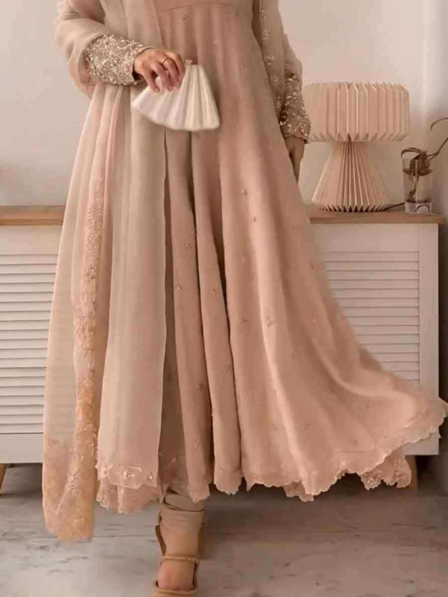 Light Brown Heavy Faux Georgette Embroidered Festival Casual Ready Palazzo Pant Salwar Kameez