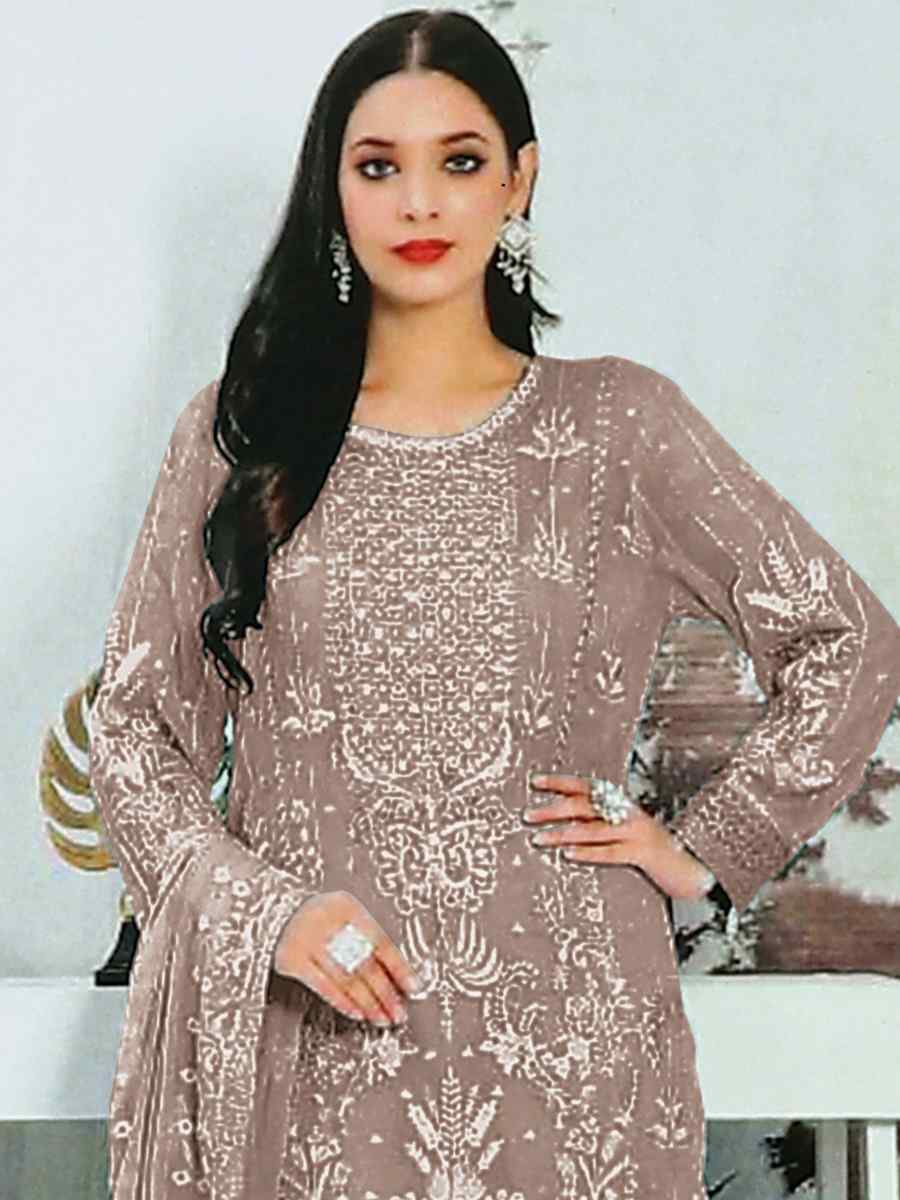 Light Brown Heavy Faux Georgette Embroidered Festival Party Pant Salwar Kameez