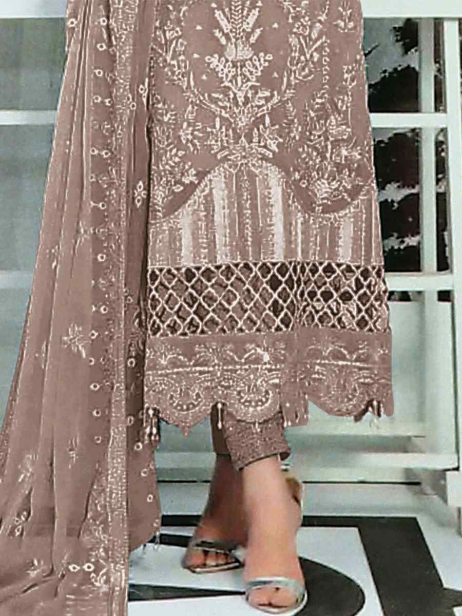 Light Brown Heavy Faux Georgette Embroidered Festival Party Pant Salwar Kameez