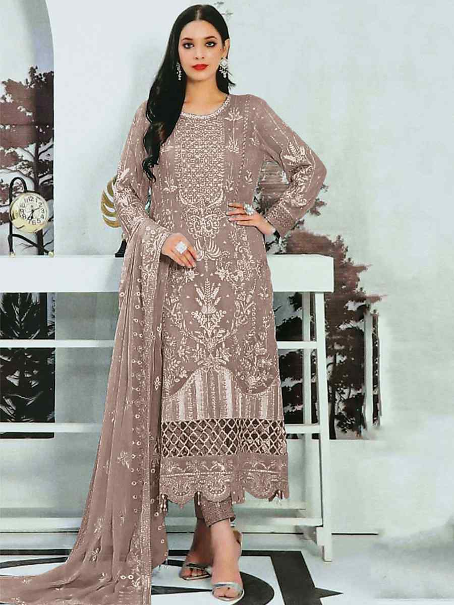 Light Brown Heavy Faux Georgette Embroidered Festival Party Pant Salwar Kameez