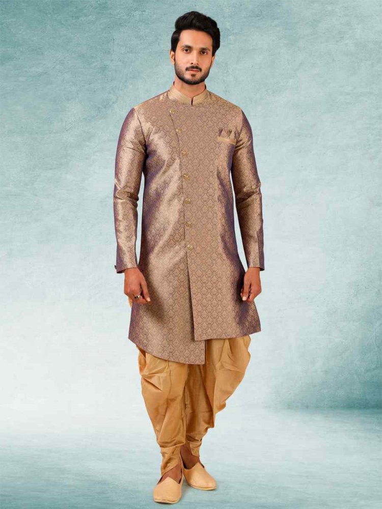 Light Brown Jacquard Silk Brocade Cutwork Party Wedding Kurta