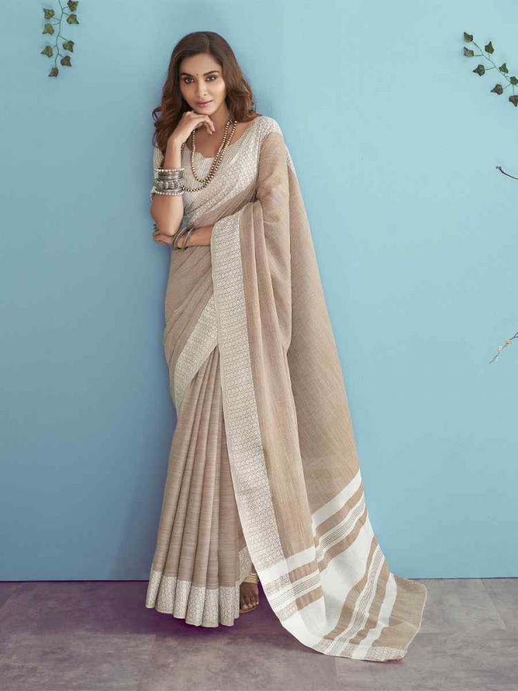 Image of Light Brown Linen Silk Embroidery Festival Wedding Fancy Heavy Border Saree