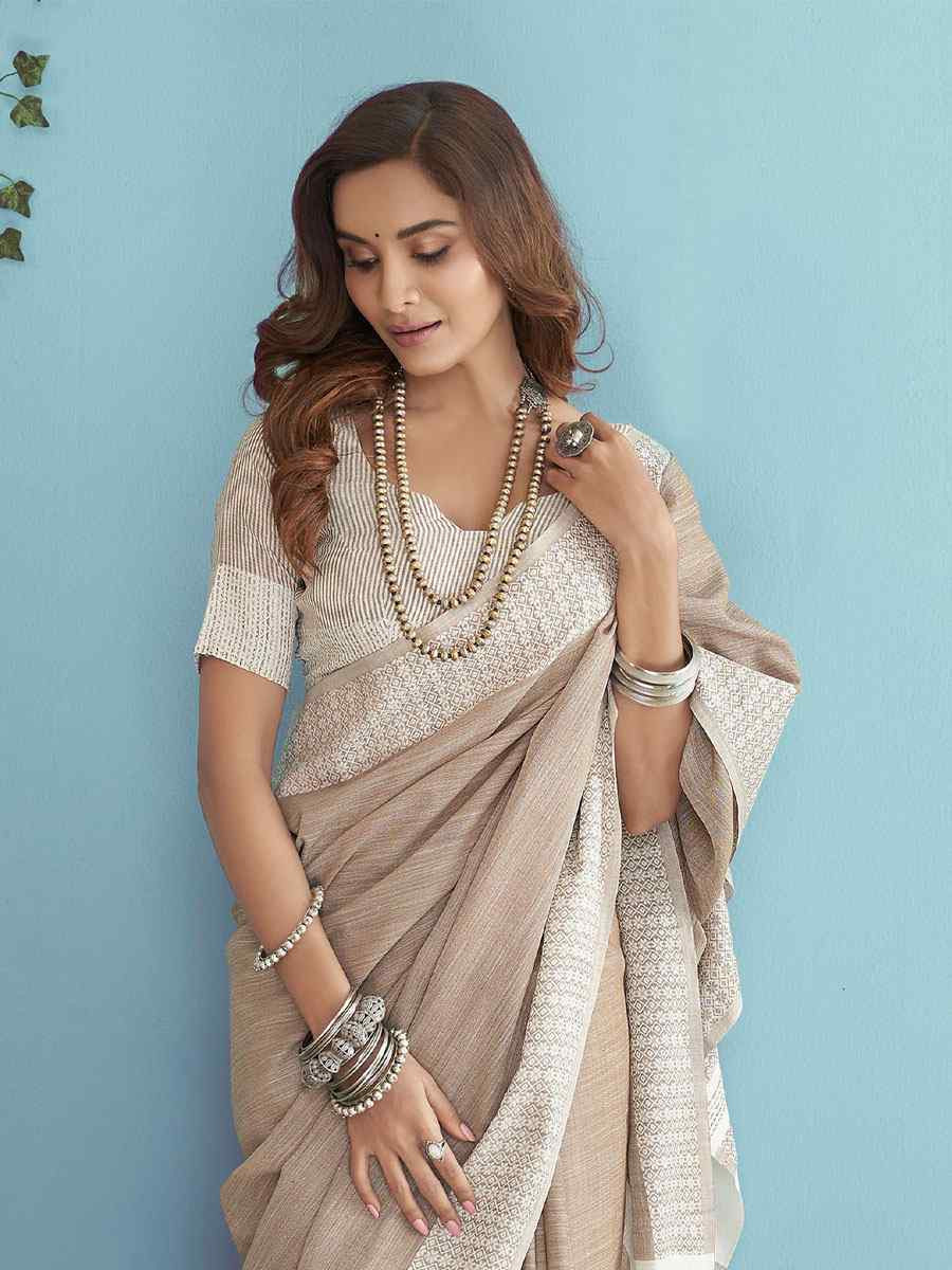 Light Brown Linen Silk Embroidery Festival Wedding Fancy Heavy Border Saree