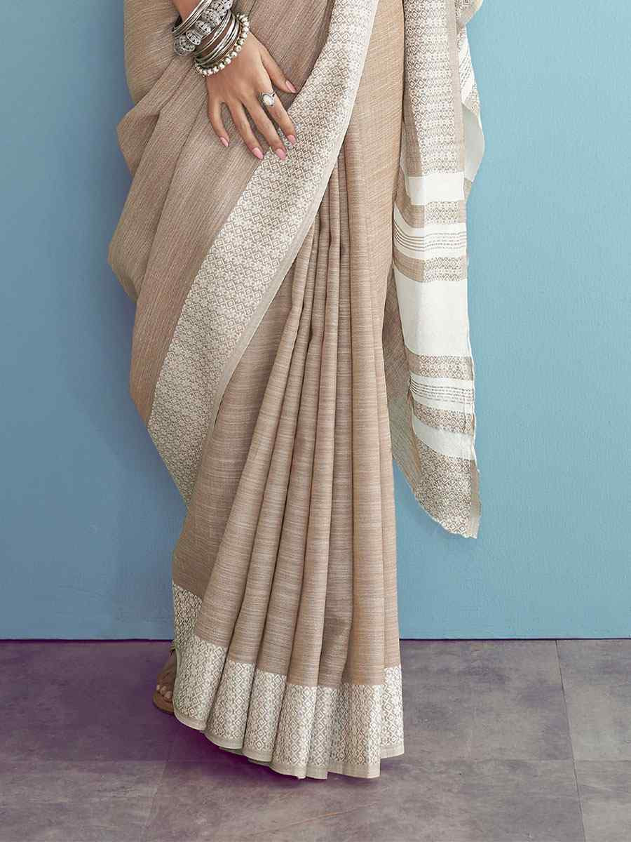 Light Brown Linen Silk Embroidery Festival Wedding Fancy Heavy Border Saree